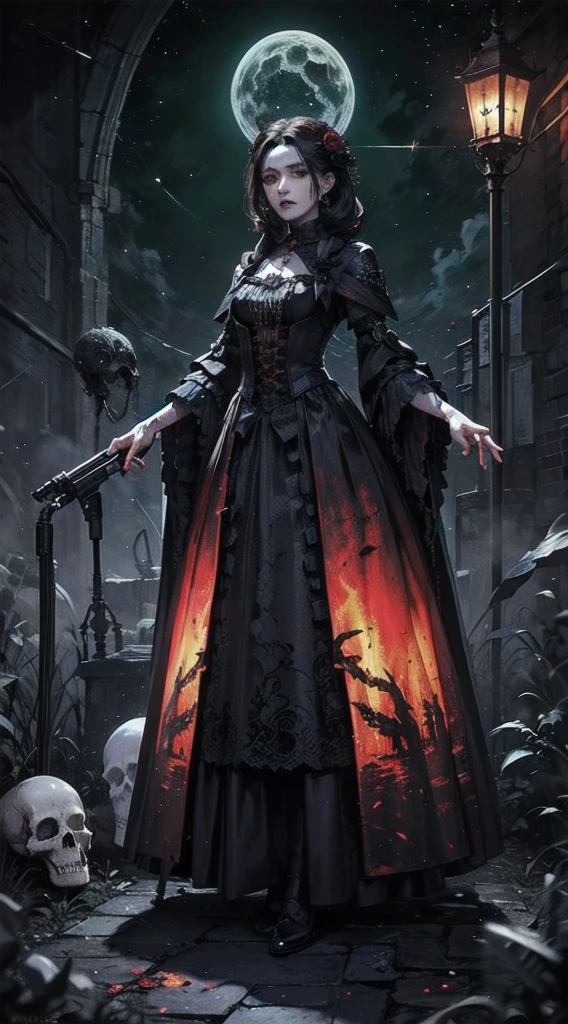 (in 8K. HDR.Hyper-Realism、Masterpiece 1.4、Live Photo 1.4, Best quality1.4, Ultra Detailed 1.4、masterpiece:1.4、Insanely detailed、Perfect Shading、Solo Photography、Nikon nffsw.50MM lens、full body photographed)(((Gothic ta、horor、necronomicon、skeletal,skull,girl、mid night、Dim cemetery、Midnight Cemetery、A Necromancer、、Whole body bloody、、full body picture 1.5)))(((FEMALES, 18year old、Small face 1.4、a short bob、Bangs on the forehead、A darK-haired、Five Fingers.)))、(uscular body、zombie、guts,intestine、pale ,pale skin、dead body、Detailed skin with visible pores、extremely detailed and beautiful face、Detailed skin)、RoseBackground