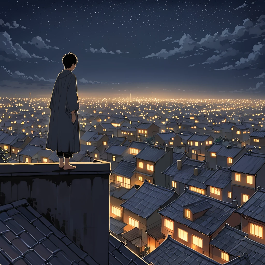 On the rooftop late at night,A young boy alone。The night covers every corner of the city,The starry sky is twinkling with a faint light,Peaceful and mysterious。Silence on the rooftop,There is only the gentle sound of the breeze blowing。Boy standing on the edge of the rooftop,Looking into the misty night,As if thinking about some profound questions or fragments of the past。The lights of the city dot the night sky in the distance,Adds a touch of warmth and vitality to this quiet night