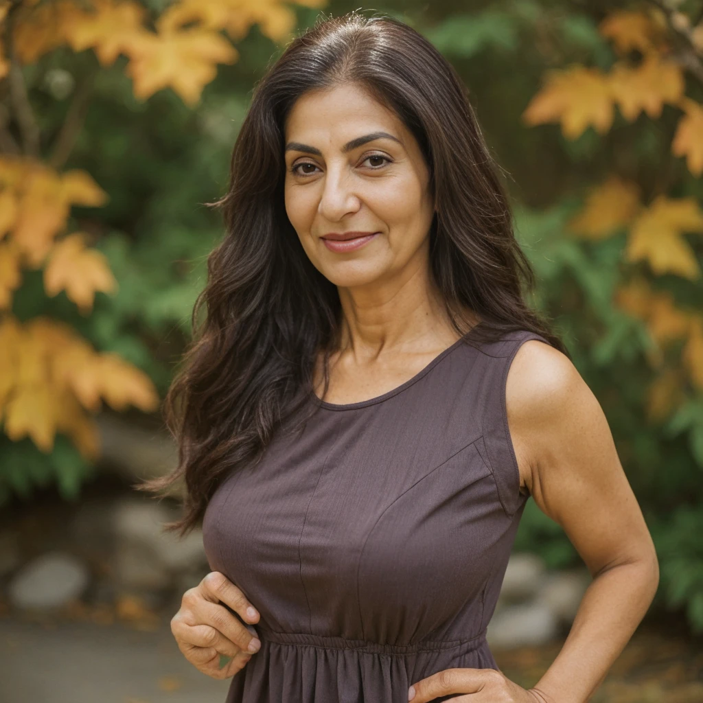 Rayuji, 1girl, ((50-year-old slim Iranian woman)), (((MILF))), ((50 years old)), (((old woman))), grandmother, (((mature woman))), ((body texture of a 50-year-old woman)), ((wrinkles on face)), ((visible eyebags)), cleavage, ((deep brown skin tone)), ((long wavy dark brown hair), ((wearing summer dress outside overlooking the Autumn in Canada)), (((upper body and upper legs))), (((slim))), standing