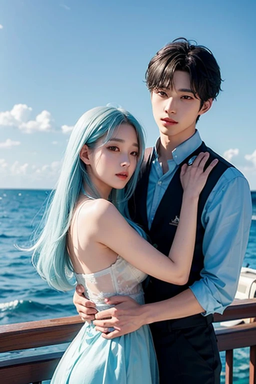 Hongbin,Black-haired human prince,Looking out at the sea from a sailboat,A princess with light blue hair emerging from the sea,Two people looking at each other,Evening sky,Thundercloud