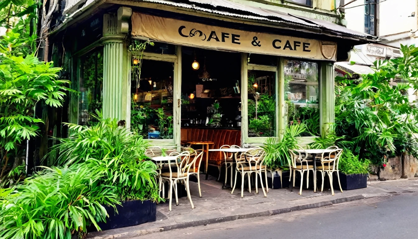 A beautiful old cafe in a corner of a road in a city . Inside that cafe all are nature loving thing.