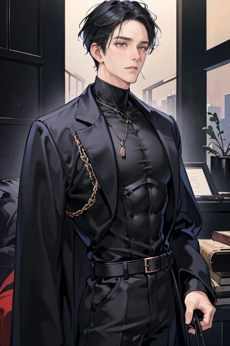 (masterpiece), Highest quality, Captivating eyes, Adult face, 33age,Handsome, Black eyes, Black all-back hair, Black turtleneck, Black trousers, Black coat, Broad shoulders, Anime Cover, One boy, Masculine, Mature appearance
