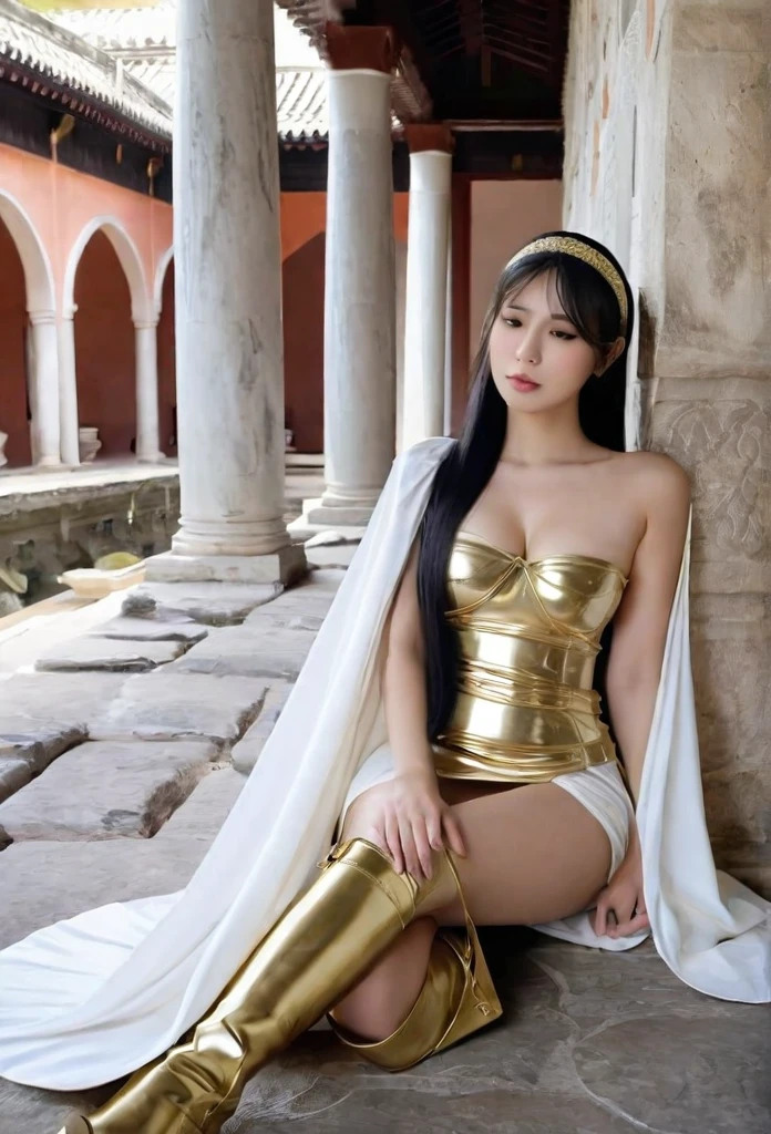 Epic perilous defeated scenery of a beautiful maiden in a roman palace, (defeated unconscious asleep, body lying on the ground floors of the palace), beautiful enchanting white skin Indonesian Maiden age 27 year old, perfect aspects, 36-24-36 body ratio, slim abs, slim natural round breasts, wearing beautiful loose white toga over one shoulder, one bare breast, gold dress accents, white maxi high thigh leather boots, beautiful long 1.5m loose hair with micro gold headband, white long cape, detailed face, ultra realistic photography, natural lighting, sharp focus, dof, (((masterpiece))), 64k