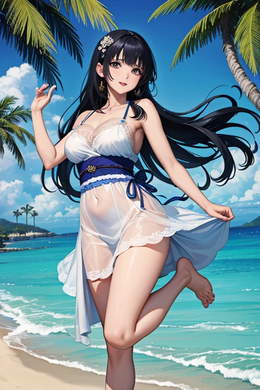 (Highest quality、masterpiece、High resolution、8K)、Vibrant colors、1 Female、Long black hair、Miho no Matsubara、Old Japan、Hagoromo Legend、whole body、barefoot、Beautiful woman in white lace dress jumps high、Official Art、The background is the sea、blue sky、Wide sandy beach、Large pine forest、