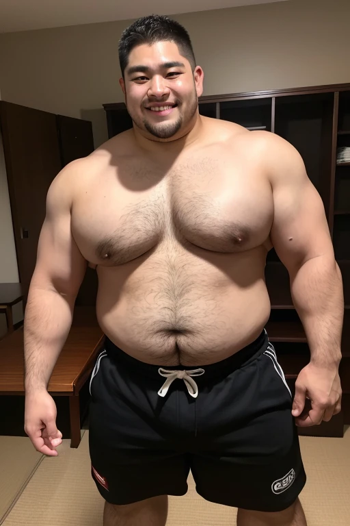 ((highest quality)), ((masterpiece)), (detailed), ((Perfect Face)), 4k, Shaved head, Young Japanese, Muscular, Fat body, Very big man, smile, ((showing off crotch))A large Japanese man topless、whole body、Rugby last week、Thick legs、Thick arm muscles、Intimidating、whole body、wearing a tight black shorts