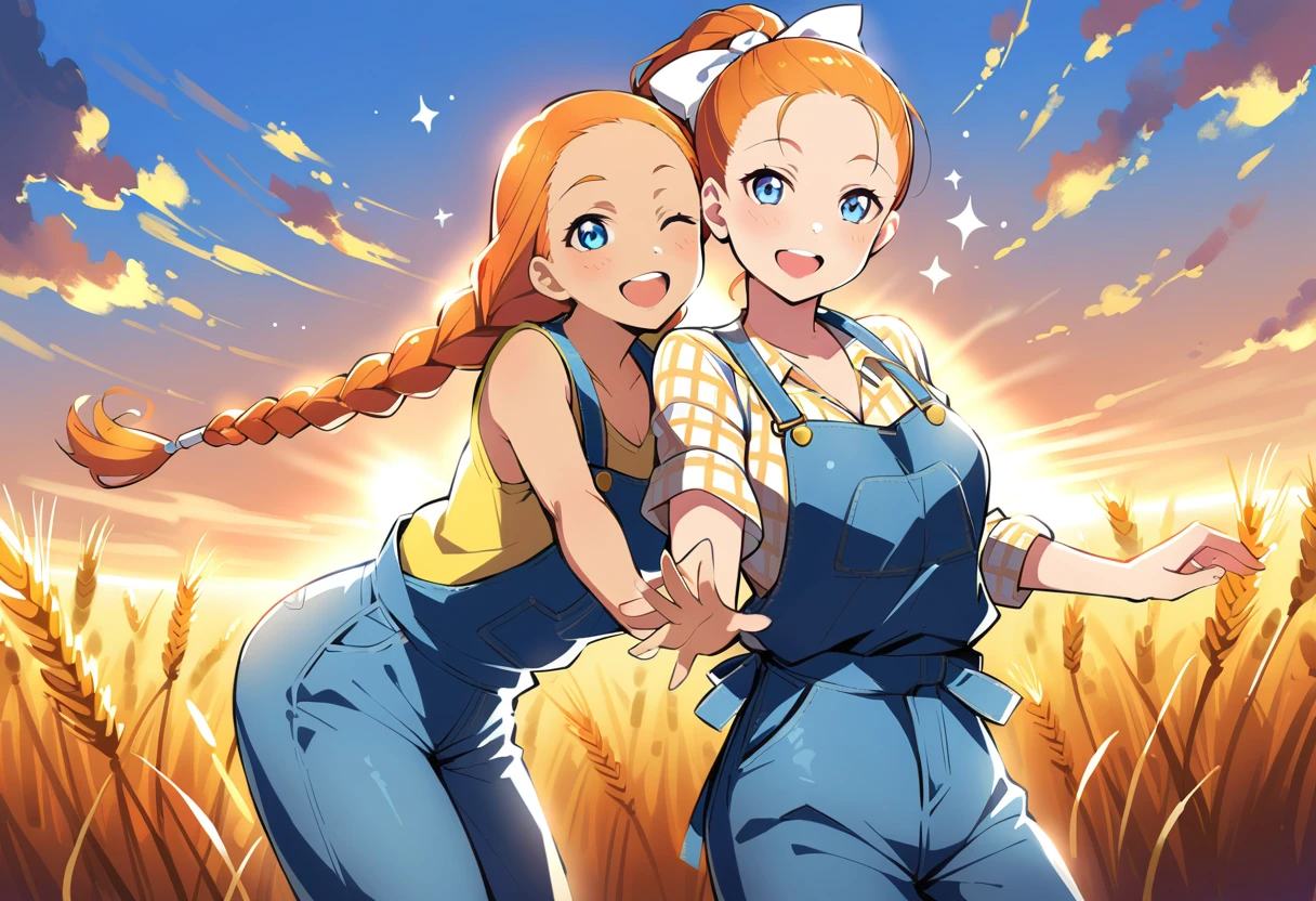 pewarnaan character, visual illustration, @ANN, ann \(harvest moon\), ran \(bokujou monogatari\), aged up, 1girl, ponytail, braid, braided ponytail, single braid, forehead, solo, (overalls), outdoors, sky, wheat, field, (blue overalls), smile, blue eyes, wheat field, looking at viewer, breasts, long sleeves, yellow shirt, orange hair, blonde hair, cowboy shot, collarbone, collared shirt, cleavage, denim, upper teeth only, medium breasts, standing, teeth, oversized clothes, long hair, partially unbuttoned, pants, oversized shirt, buttons, head tilt, flat chest, hair bow, white bow, tomboy, round teeth, plaid shirt, denim overalls, mature female, tall, tall female, slim body, freckles, twilight, cloudy sky, scenery, reaching, grass, floating braid, sunset, cloud, scenery, jeans, bow, hair ribbon, sparkle, sunbeam, light rays, highres, 4k, 8k