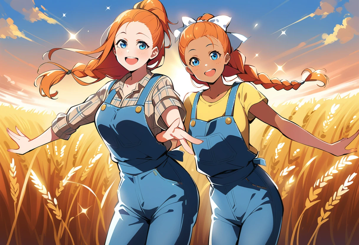 pewarnaan character, visual illustration, @ANN, ann \(harvest moon\), ran \(bokujou monogatari\), aged up, 1girl, ponytail, braid, braided ponytail, single braid, forehead, solo, (overalls), outdoors, sky, wheat, field, (blue overalls), smile, blue eyes, wheat field, looking at viewer, breasts, long sleeves, yellow shirt, orange hair, blonde hair, cowboy shot, collarbone, collared shirt, cleavage, denim, upper teeth only, medium breasts, standing, teeth, oversized clothes, long hair, partially unbuttoned, pants, oversized shirt, buttons, head tilt, flat chest, hair bow, white bow, tomboy, round teeth, plaid shirt, denim overalls, mature female, tall, tall female, slim body, freckles, twilight, cloudy sky, scenery, reaching, grass, floating braid, sunset, cloud, scenery, jeans, bow, hair ribbon, sparkle, sunbeam, light rays, highres, 4k, 8k