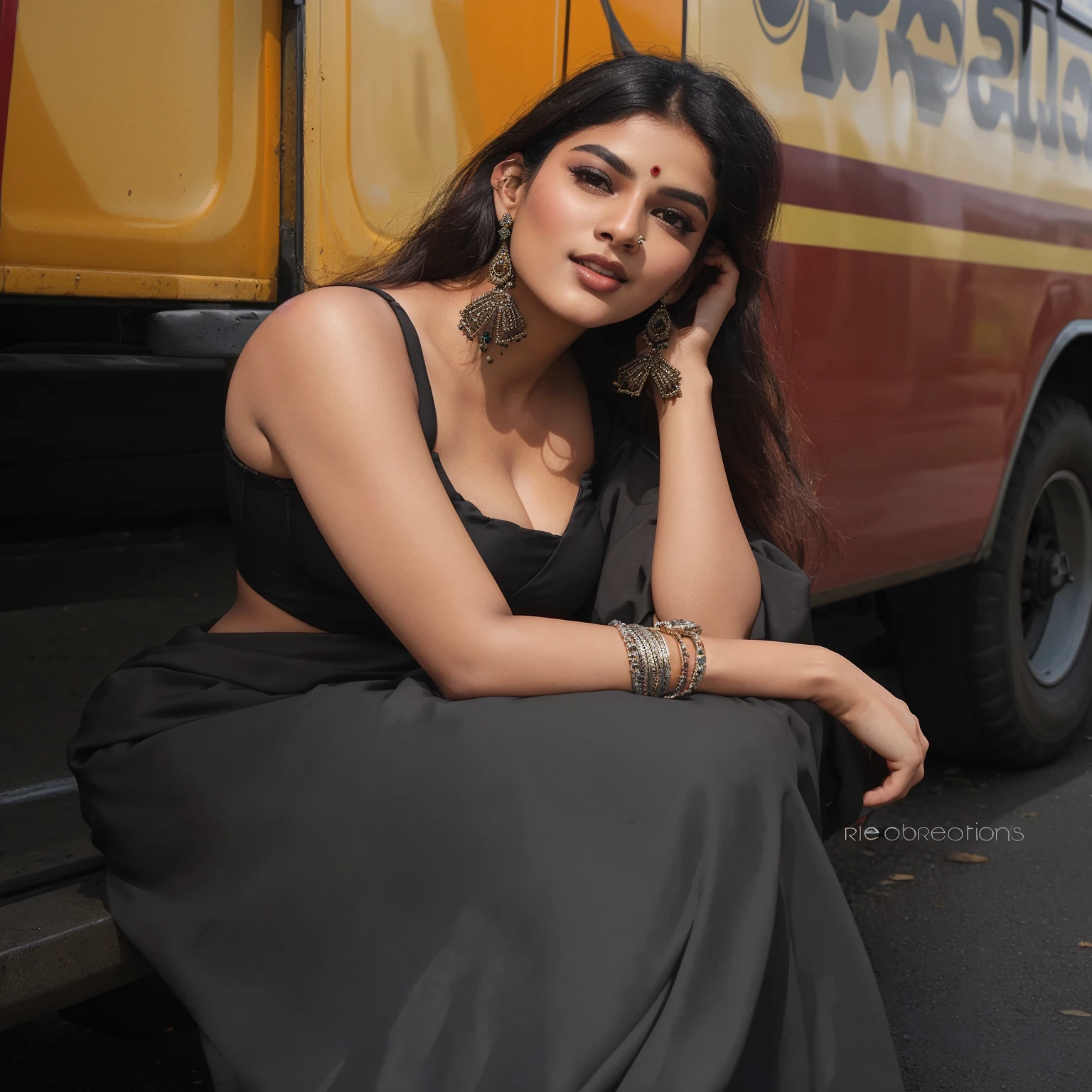 arafed woman sitting on a bench in front of a bus, candid!! dark background, traditional beauty, candid picture, very pretty model, a beautiful young woman, indian, indian goddess, very beautiful woman, very beautiful girl, very seductive pose, indian super model, with lovely look, inspired by T. K. Padmini, * colour splash *, gorgeous woman, big , cleavage show