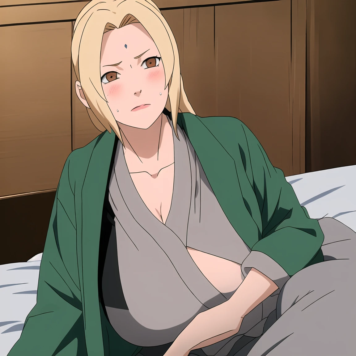 (nsfw:1.2), (1male and 1girl, breast feeding, nursing handjob:1.4), (hetero:1.2), best quality, high resolution, upper body, (huge breasts:1.2), Tsunade, blonde hair, brown eyes, mature female, green coat, sash, chest bandage, blush, embarrassed, smile