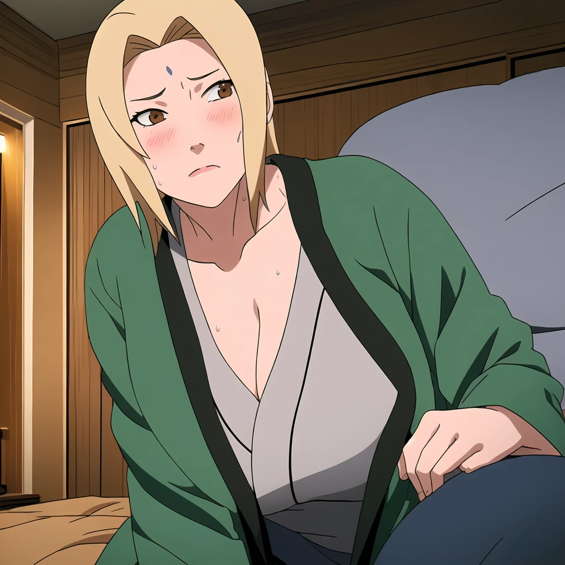 Tsunade, Blonde hair, Huge breasts, Mature female, Blue pants, Green coat, Chest bandage (masterpiece:1.2, best quality:1.2, beautiful, high quality, high resolution:1.1, Aesthetic), detailed, extremely detailed, ambient soft lighting, 4K, Perfect lighting(indoor,Lying in bed,indoor,)),(at the hotel,nervous,)),((blush,Uncomfortable expression,)),((blush,特别blush,nervous,Sweating,Sweating,)),(Sexy pose),(blush,Sweatingblush,Mouth open,,Kneel down,)