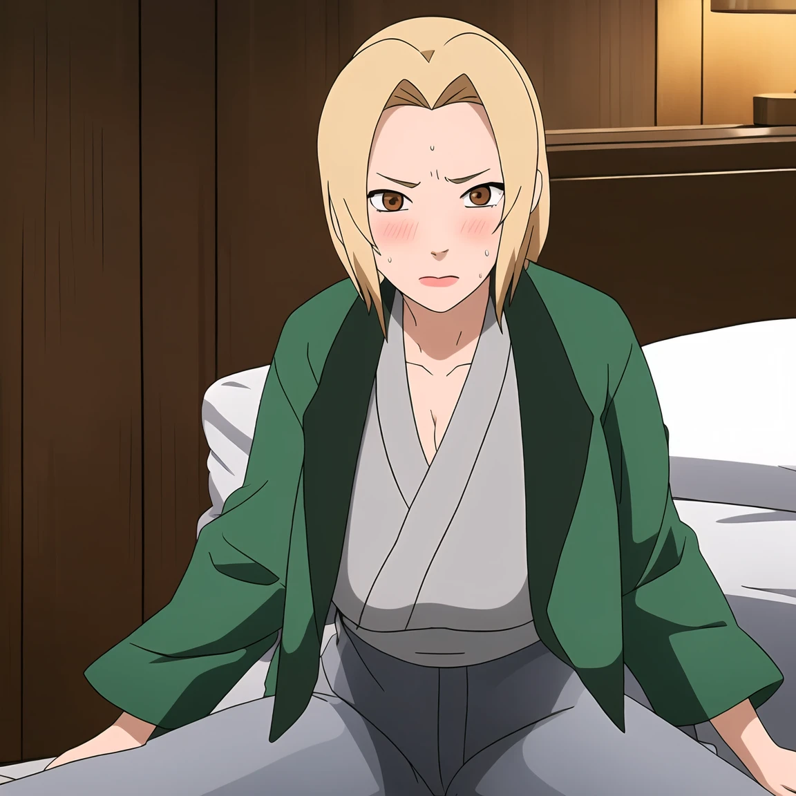Tsunade, Blonde hair, Huge breasts, Mature female, Blue pants, Green coat, Chest bandage (masterpiece:1.2, best quality:1.2, beautiful, high quality, high resolution:1.1, Aesthetic), detailed, extremely detailed, ambient soft lighting, 4K, Perfect lighting(indoor,Lying in bed,indoor,)),(at the hotel,nervous,)),((blush,Uncomfortable expression,)),((blush,特别blush,nervous,Sweating,Sweating,)),(Sexy pose),(blush,Sweatingblush,Mouth open,,Kneel down,)