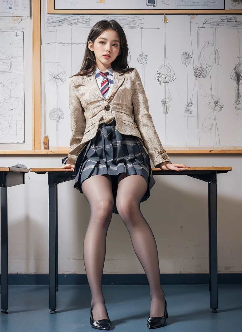 beautiful and delicate girl, very detailed eyes and face, beautiful detailed eyes, huge file size, very detailed, high resolution, very detailed, best quality, masterpiece, (((school classroom)), (((simple blazer))), (((pleated skirt))), (((The skirt and tie pattern is a check pattern..:1.3))), very detailed, CG, 8K wallpapers, amazing, fine details, masterpiece, ((best quality)), very detailed CG uniform 8K wallpapers, my face shines, cinematic lighting, 1 woman, ************, (((dynamic pose))), (camel toe), (half), ((pantyhose)), ((Sit with your knees bent and your legs crossed)), ((whole body)), ((Lift up your skirt and expose your panties.:1.5)),