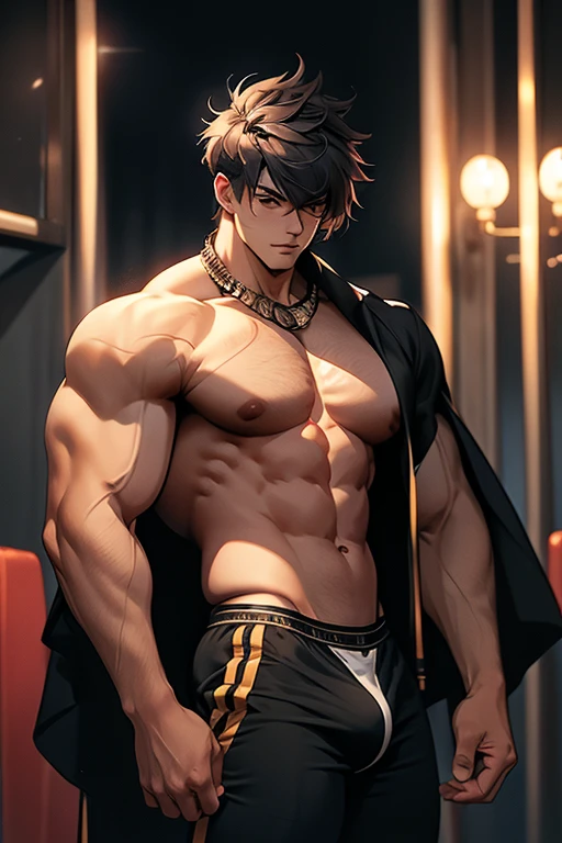 Masterpiece, Best quality, Solo, Korean man, gym background, body builder, muscle body, musculous, Natural eyes, large bulge, short detailed hair, Sexy guys, looking at viewert, top less, Black briefs, Triangle men's underwear, a little, standing, musculature