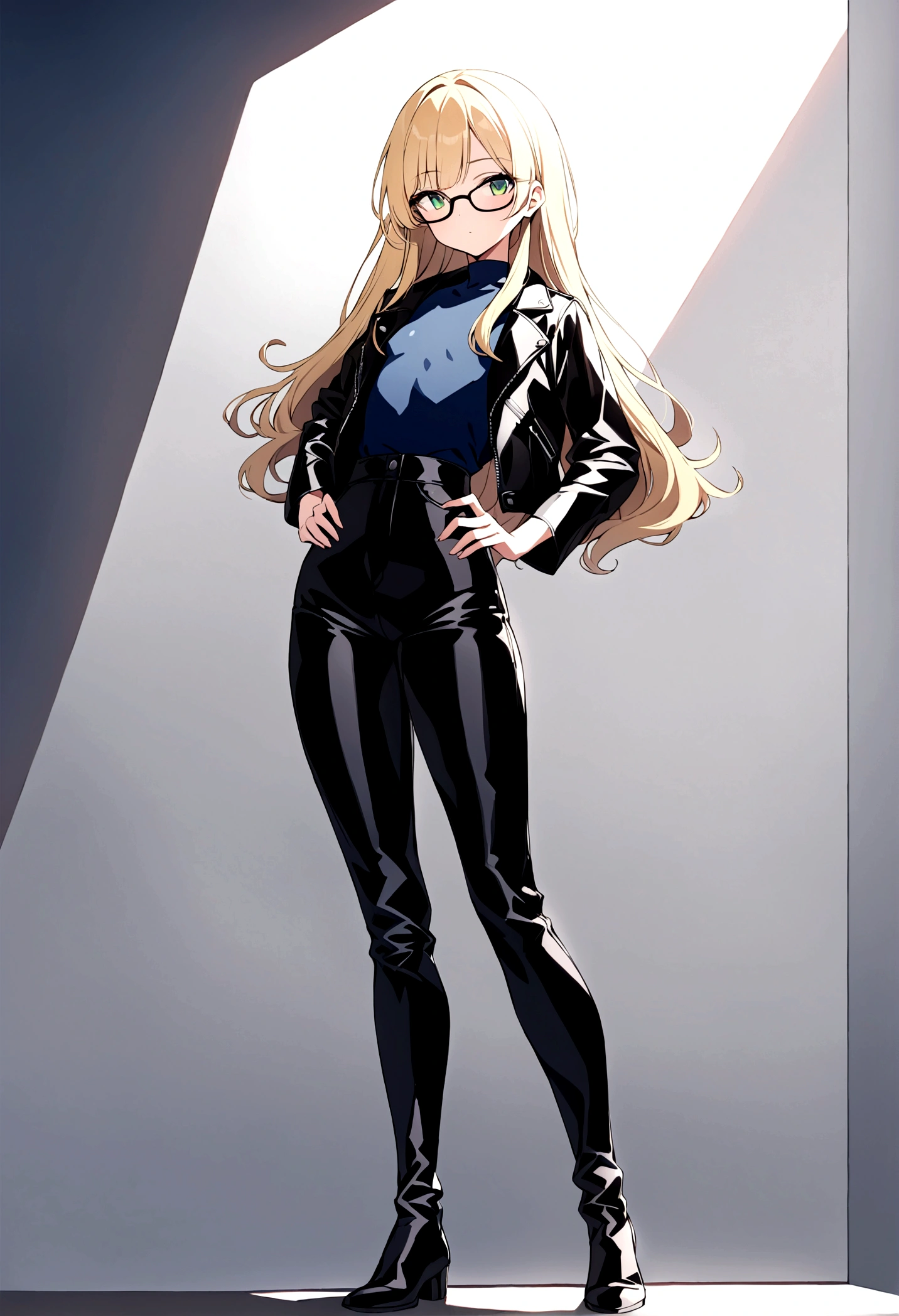 a beautiful girl, with long blonde hair, who wears black glasses, with wide hips, narrow waist, with flat chest, pretty face, with green eyes, 18 years, perfect and glowing skin, wearing flared leather pants and a leather jacket, with a navy blue shirt, full body.