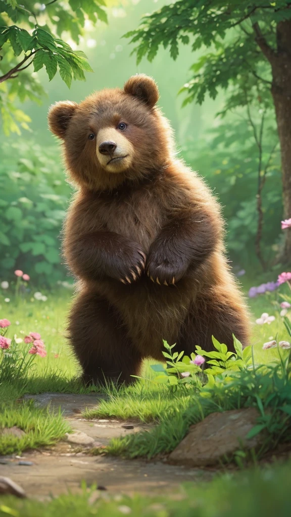 「Please draw an illustration of a cute bear cub in the woods.。The bear has fluffy fur、It has big eyes and round ears.。Green tree in the background々Flowers々There is、Please draw some bear cubs having fun playing.。」Standing alone