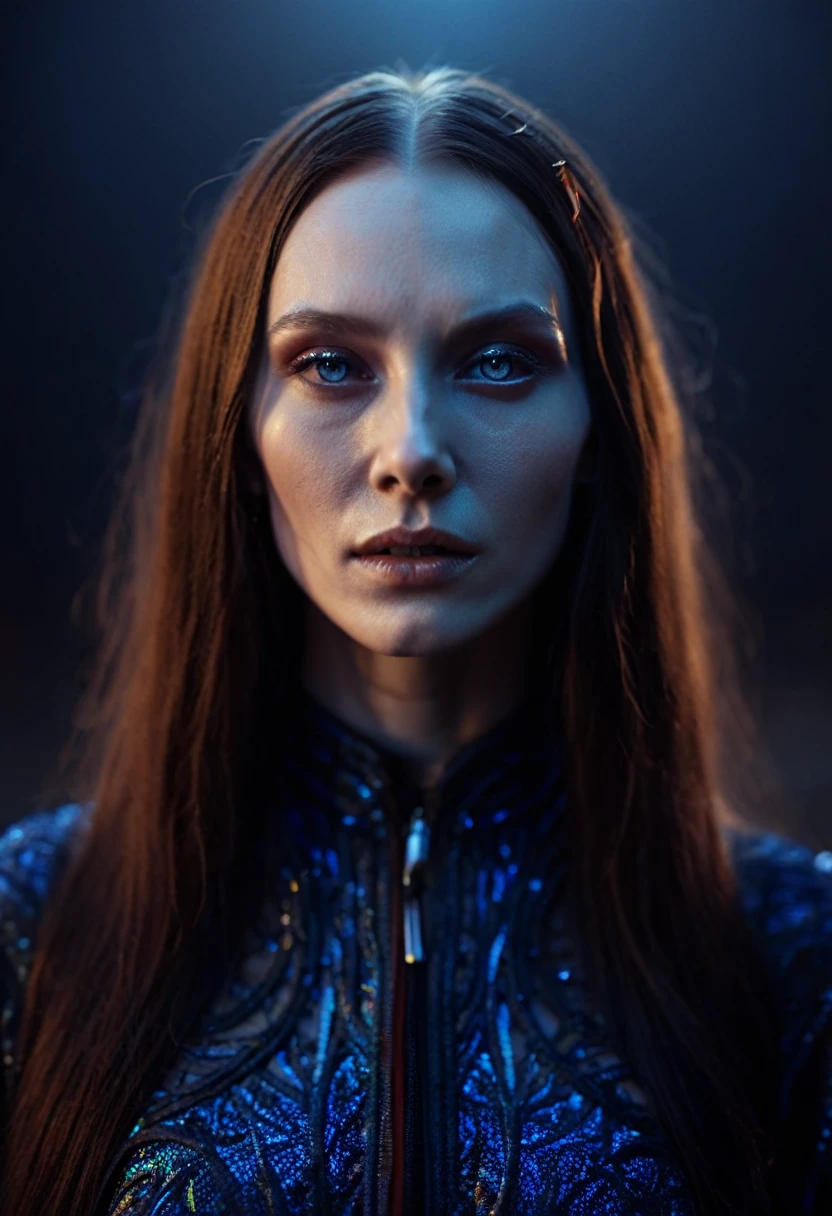 Fashionable of androgynous alien looking witch, glowing eyes, beautiful evil slavic woman, pale skin, long hair, slight smile, futuristic design, minimal details, givenchy, photoreal, 200mm, hd, f/ 2.0, highly detailed, surreal , drop dead, in the style of red and blue, (intricate details, hyperdetailed:1.15) (skin texture:1.2), photography studio,__perspective__, cinematic, professional, 4k, (((dynamic model pose))), full body, mesmerizing, dynamic, dramatic, sensual, dynamic pose, highly detailed skin with hair, subcutaneous veins, light and shadow play, highly detailed,24mm photograph, film, bokeh, professional, 4k,