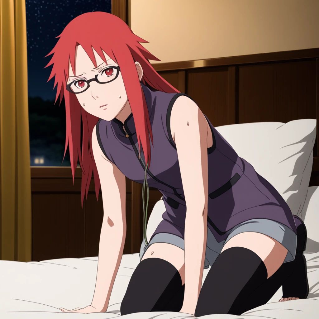 Red hair, 1 Girl, Glasses, Long hair, Red Eyes, Solitary,  Umbilical cord, Looking at the audience，No students, Japanese cartoons screencap, Japanese cartoons coloring,src_Japanese cartoons,Naruto \(series\), Naruto shippuuden,（（blush，nervous，Vision，））masterpiece， absurd ， （Intricate details）， （Colorful）， light， Extremely detailed CG unity 8k wallpaper ，1 Girl， solo，（shy，In the hotel，Lying on the bed，night，blush，nervous，Sweating，蕾丝dress， ），sweat，blush，blush1.5，Blush，Medium chest，（（dress，Vest，shorts，Black stockings，luxurious hotel，night，）），（dress，Lying in bed，Uncomfortable expression，Kneel down）