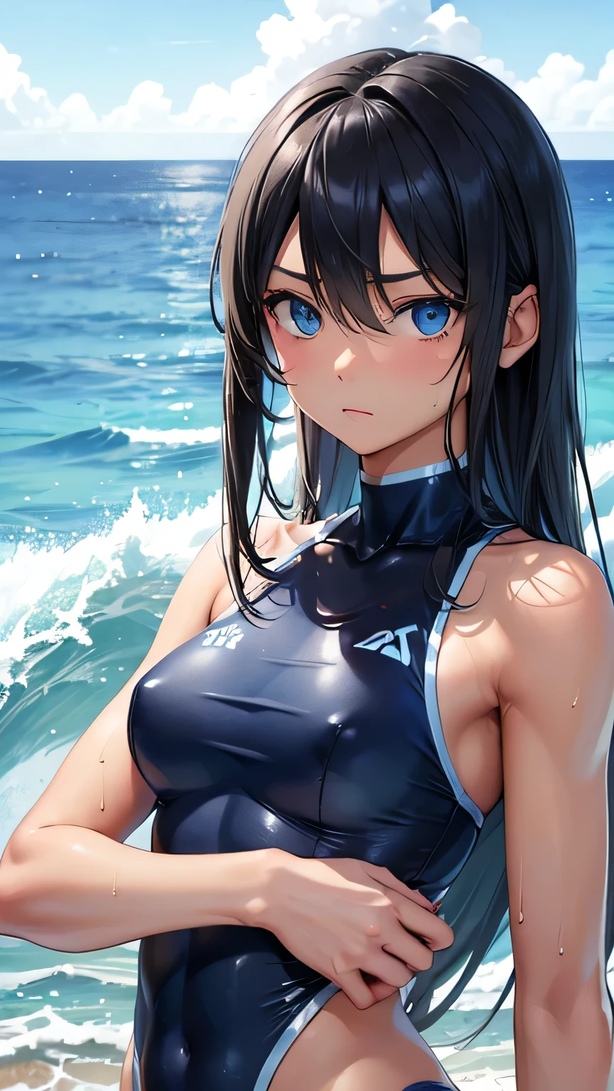 highest quality、Realistic、girl、zoom、Light blue eyes、Long Hair、Light blue swimsuit、Tanned black body、A well-trained body、muscle、Abdominal muscles、AthleteBlondeBlackSkin、slender、Sweat、Arms crossed、Ocean、Bust Shot