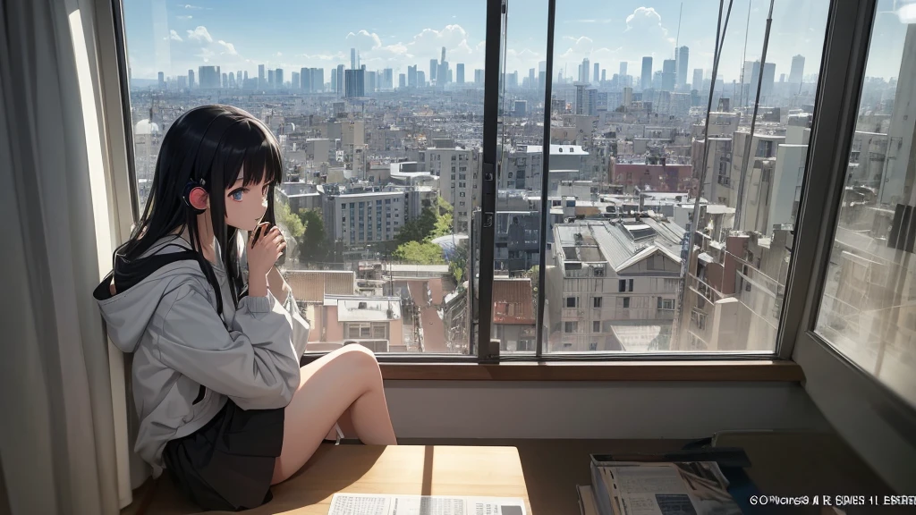 Absurd, Ultra-high resolution, (Official Art, beautifully、mysterious:1.2), Anime Art Wallpaper, 8K, An atmosphere of praise, Correct human body composition, Striking eyes, Oversized hoodie and short skirt, Shiny long black hair, Larger than average bust, Girl listening to music with headphones, Looking out the window, Coffee on the desk, lo-fi girl, Works by Makoto Xin Haicheng, Anime atmosphere, Lofi Art Style, Anime Aesthetics, Lo-fi feel, City Room, Teenage Girl's Room, A room for music lovers, city view from the window, Impressive cityscape, Bright Sky