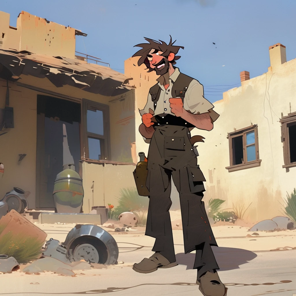  1man, Western, black wavy Messy hair, burnt hair, Leather apron, White button-down shirt, black pants patched, Failed beard, young adult, Thin, full body, Holding a Dynamite bomb, outside a house in the desert, Dirty with soot, Laughing, explosives, dynamite, Hunchback, Poorly groomed beard, failed beard