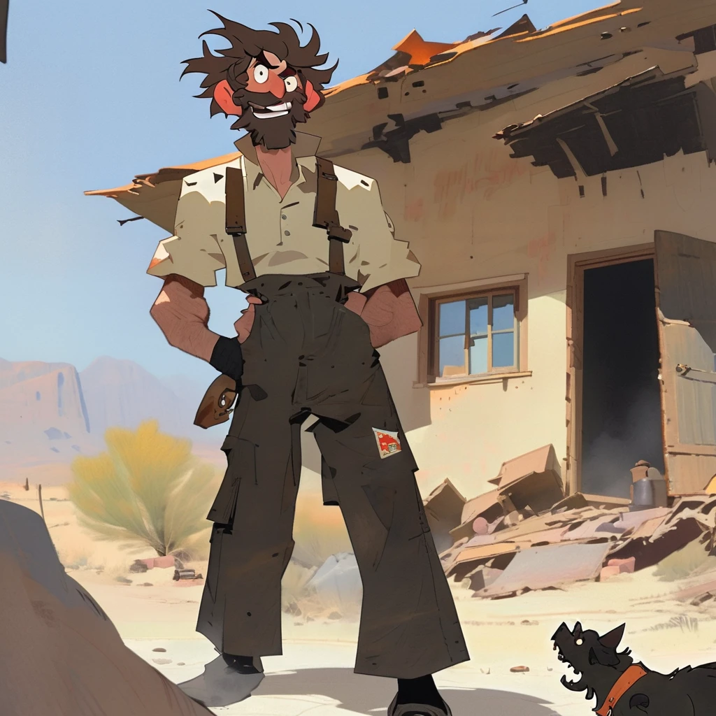 1man, Western, black wavy Messy hair, burnt hair, Leather apron, White button-down shirt, black pants patched, Failed beard, young adult, Thin, full body, Holding a Dynamite bomb, outside a house in the desert, Dirty with soot, Laughing, explosives, dynamite, Hunchback, Poorly groomed beard, failed beard