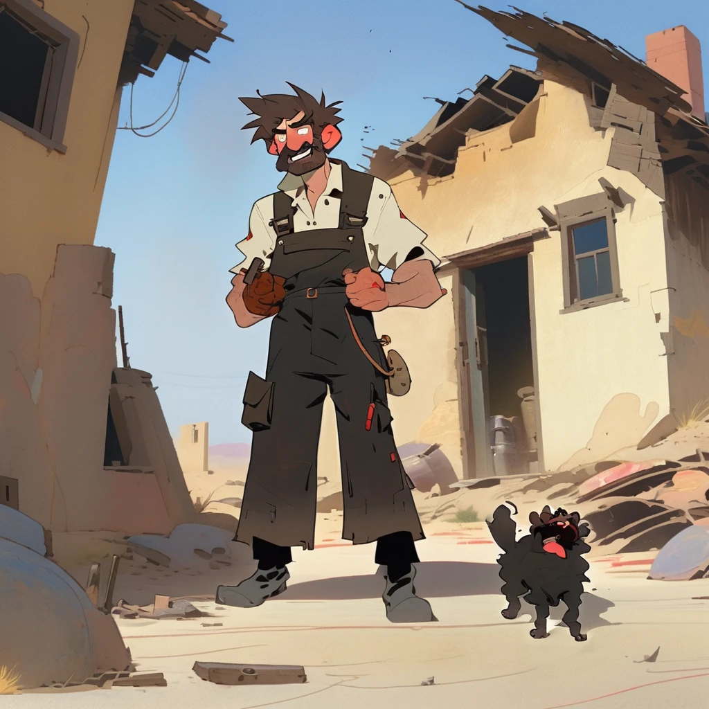  1man, Western, black wavy Messy hair, burnt hair, Leather apron, White button-down shirt, black pants patched, Failed beard, young adult, Thin, full body, Holding a Dynamite bomb, outside a house in the desert, Dirty with soot, Laughing, explosives, dynamite, Hunchback, Poorly groomed beard, failed beard