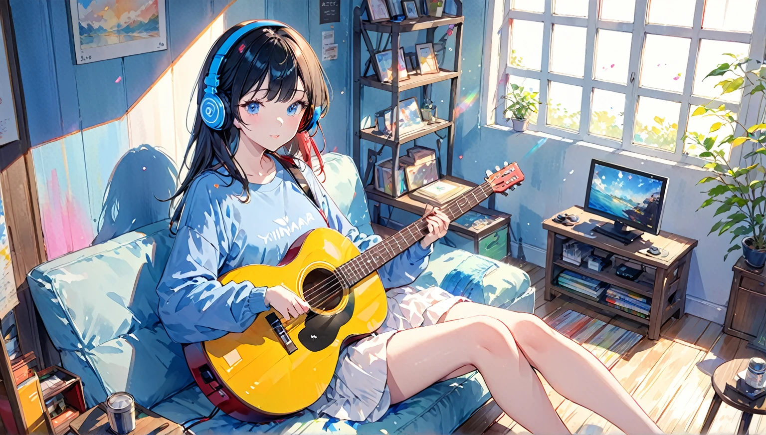 Beautiful colors,sketch,watercolor,By fuzichoco,Hilarious (Yanmar Gauge),From wlop,((Great quality)),One Girl,(Understood (Blue Archive)),(Beautiful feet),Sitting,Headphones,Upper body rest (Beautiful colors,detailed,Highest quality,Great quality,so beautiful),T-Shirts,Cowboy Shot,(Ray Tracing),Written boundary depth,Lighting and Shadows,(perspective),Lighting particles,colorful,indoor,masterpiece,