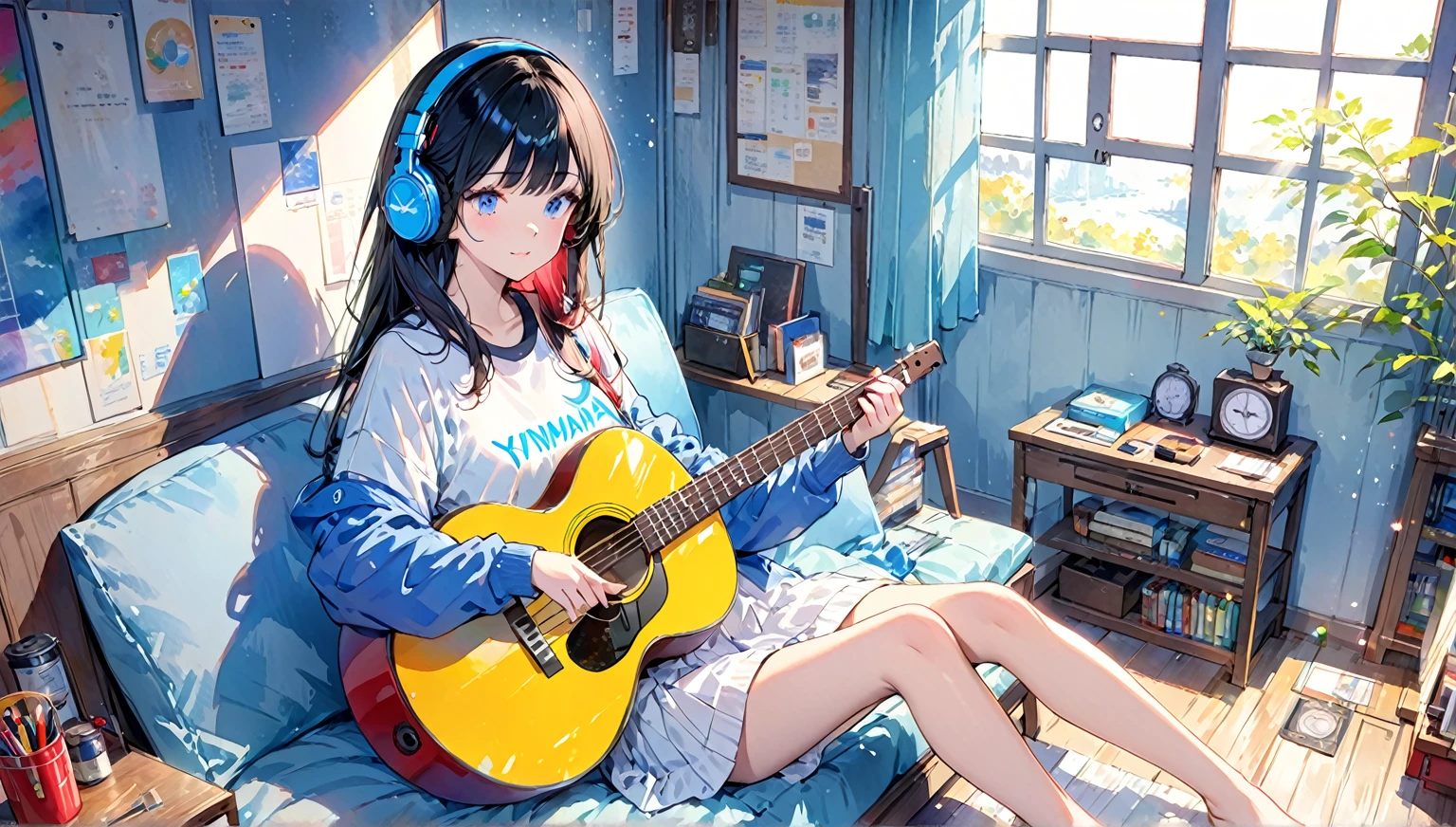 Beautiful colors,sketch,watercolor,By fuzichoco,Hilarious (Yanmar Gauge),From wlop,((Great quality)),One Girl,(Understood (Blue Archive)),(Beautiful feet),Sitting,Headphones,Upper body rest (Beautiful colors,detailed,Highest quality,Great quality,so beautiful),T-Shirts,Cowboy Shot,(Ray Tracing),Written boundary depth,Lighting and Shadows,(perspective),Lighting particles,colorful,indoor,masterpiece,