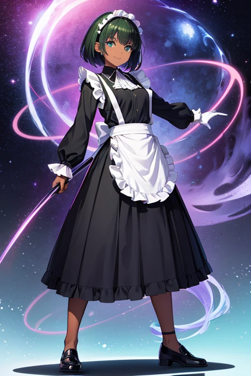 Anime Art、Full body portrait、Future SF warrior、A dark-skinned woman, about 160cm tall, about 19 years old, wearing a black long-sleeved shirt, black maxi skirt, and white frilly apron, waving a light beam Bullwhip in her hand、Large gloves、Laughing with mouth open、The hairstyle is short、Dark green hair、Green Eyes、loafers、Flat chest、Wearing a frilly headband on her head