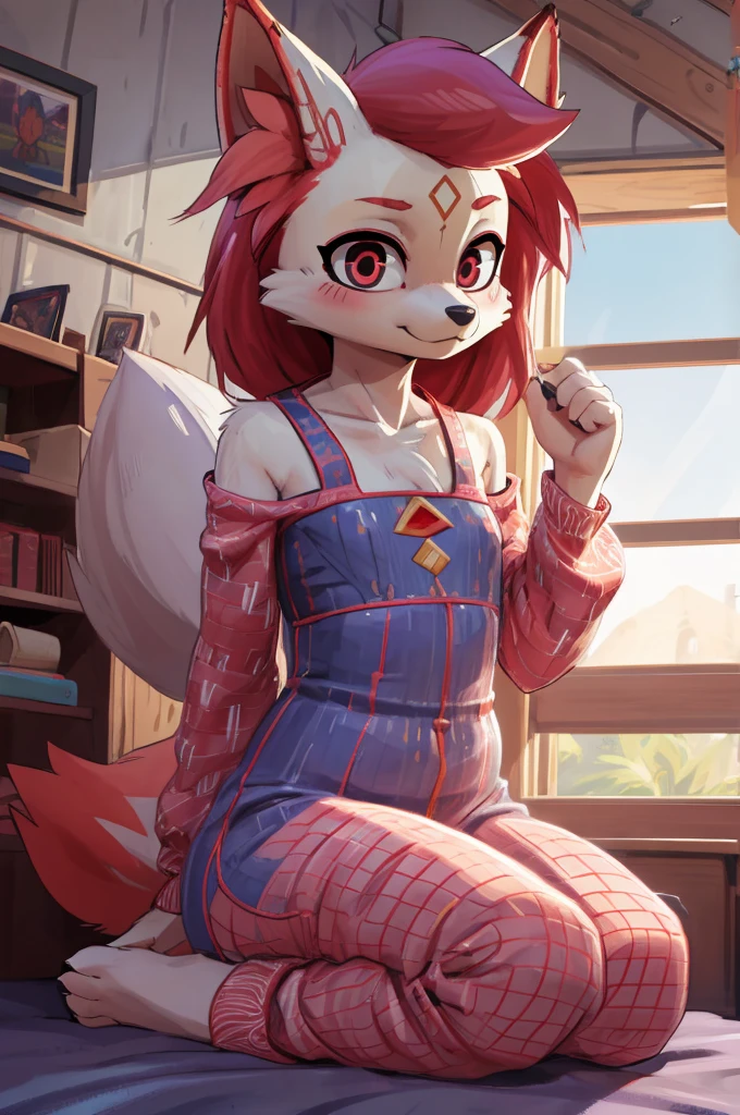 art by dagasi, kemono, Uploaded to e621.net, (Pixelsketcher), (wamudraws), (masterpiece), (HD), (high res), (feet visible), (furry anthro), (detailed fur), (detailed shading), (beautiful render art), Kimiko, anthro kid, furry, (white fur), fox ears, fox girl, (small snout:1.5), fluffy tail, (red eyes), beautiful and detailed eyes, [(slim figure, flat chest, skinny)], (curvy hips), (beautiful legs), in her room, wearing lace lingerie pajamas,