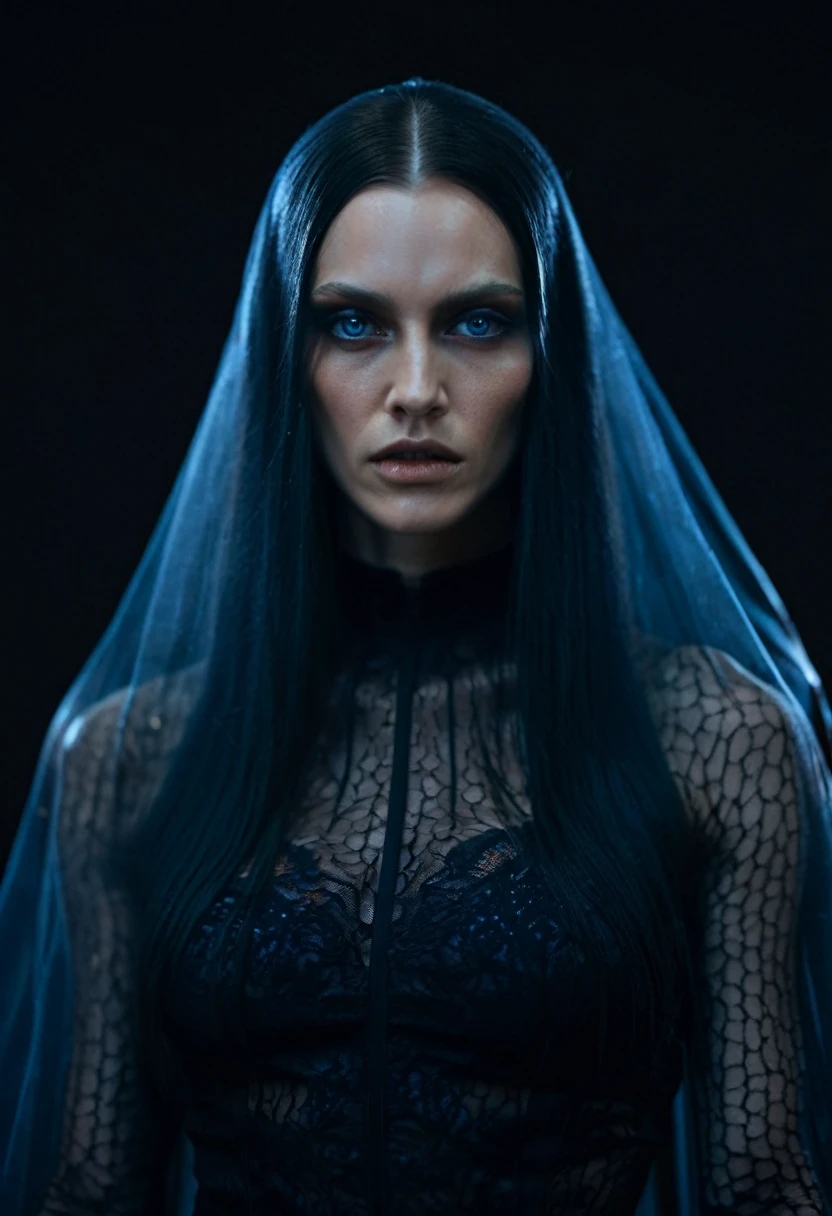 Fashionable of androgynous alien looking witch wearing veil, glowing eyes, beautiful evil slavic muscular woman, pale skin, long hair, futuristic design, minimal details, givenchy, photoreal, 200mm, hd, f/ 2.0, highly detailed, surreal , drop dead, in the style of red and blue, (intricate details, hyperdetailed:1.15) (skin texture:1.2), cinematic, professional, 4k, (((dynamic model pose))), sitting, full body, mesmerizing, dynamic, dramatic, sensual, dynamic pose, highly detailed skin with hair, subcutaneous veins, light and shadow play, highly detailed,24mm photograph, film, bokeh, professional, 4k,