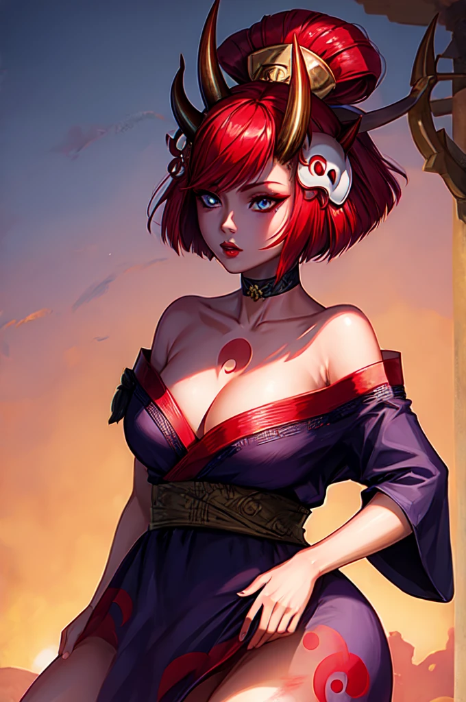 (masterpiece, best quality:1.2), intricate details, blood moon evelynn, 1girl, oni horns, japanese clothes, choker, cleavage, hair ornament, mask