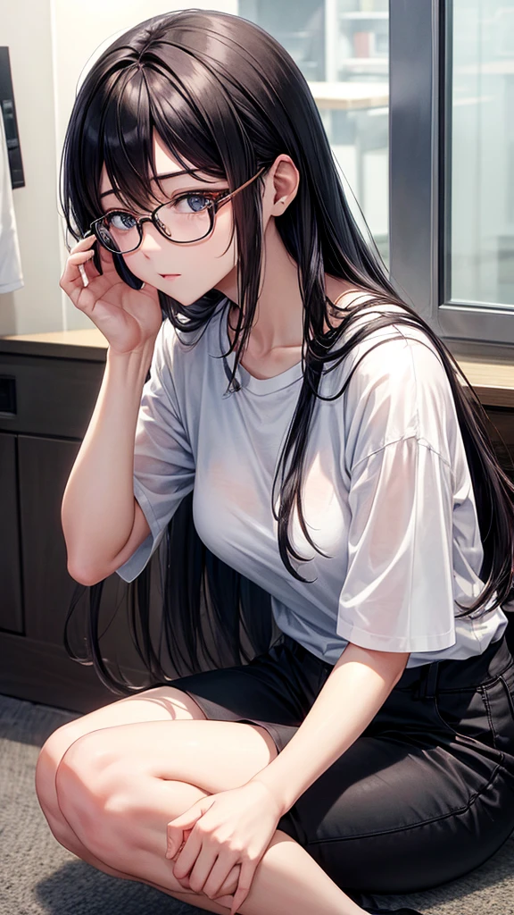 summer、Empty classroom、thick、Sweat、、Low length、(((((Eyes hidden by long bangs)))))、(((Long black hair:1.2　hair band)))(((Black-rimmed glasses:1.2　black eye)))、Backlight、evening、Nostalgic atmosphere、Look at this、High position、Full Body Shot、(Sexy Lingerie)、avert your eyes、Thin pubic hair、(((Front view))), Beautiful details, 16K, Absurd, masterpiece, Super detailed, beautiful girl, Cowboy Shot、(Grab your panties and pull them down)、((Take off your panties、Pull down your panties、))Thin pubic hairが見える、Narrow waist、slender、Sheer white T-shirt