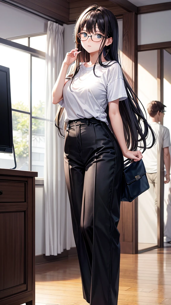 /(modern office indoors/), 1lady solo (looking back from behind), /(casual shirt pencil skirt beige/), /(brown pantyhose/), /(black hair/) bangs, blush, (masterpiece best quality:1.2) ultra-detailed
