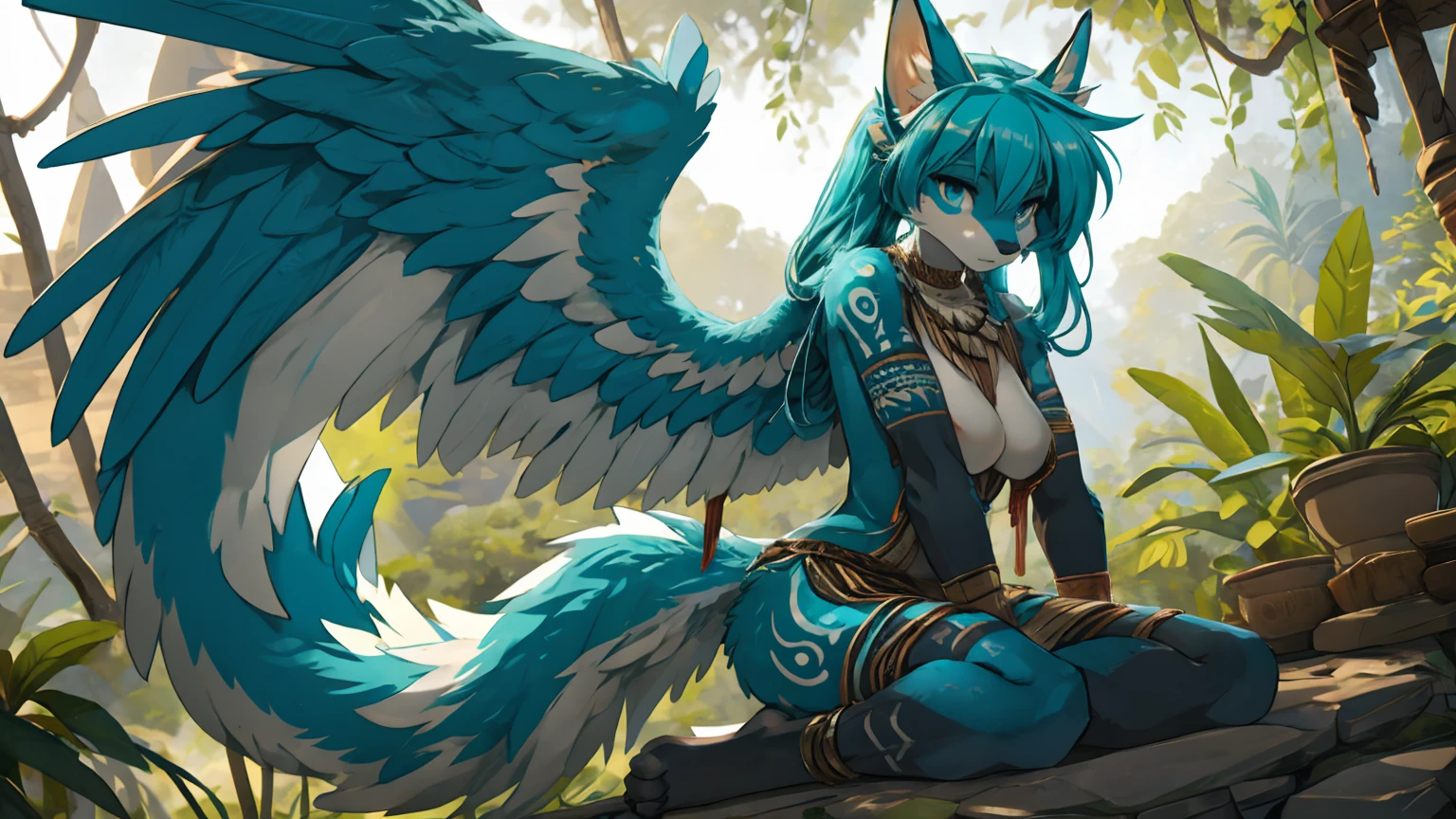 Miku Hatsune, add high definition_detail:1, blue fur,kitsune ears, tribal tattoo add_detail:1, in a ruins in the jungle, barefoot, tribal costume add_details:1, giant aqua feather wings add_detailsl:1 ,alas hermosas la mejor calidad y detail en las plumas, add blue saturation light_detailsl 