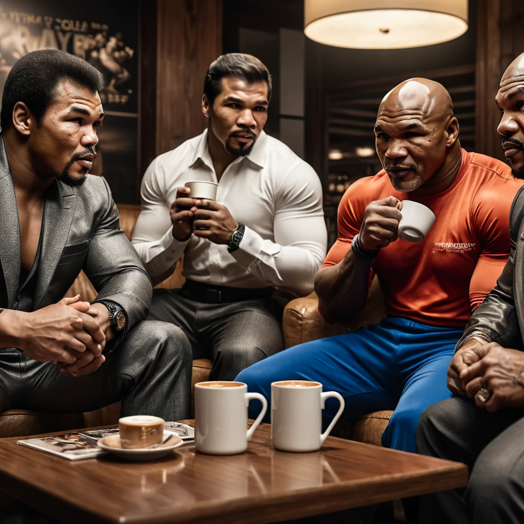a detailed portrait of Mr Muhammad Ali, Mr Sugar Ray Robinson, Mr Joe Louis, Mr Mike Tyson, Mr Floyd Mayweather, Mr Manny Pacquiao sitting together drinking coffee happily, extremely detailed, high quality, realistic, photorealistic, 8k, hyper detailed, ultra-detailed, cinematic lighting, dramatic atmosphere, warm color tones, detailed facial features, intricate clothing textures, natural skin tones, masterpiece