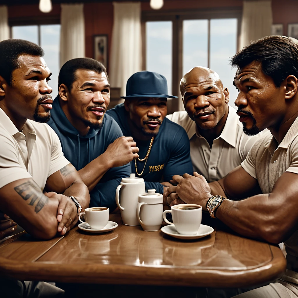 a detailed portrait of Mr Muhammad Ali, Mr Sugar Ray Robinson, Mr Joe Louis, Mr Mike Tyson, Mr Floyd Mayweather, Mr Manny Pacquiao sitting together drinking coffee happily, extremely detailed, high quality, realistic, photorealistic, 8k, hyper detailed, ultra-detailed, cinematic lighting, dramatic atmosphere, warm color tones, detailed facial features, intricate clothing textures, natural skin tones, masterpiece