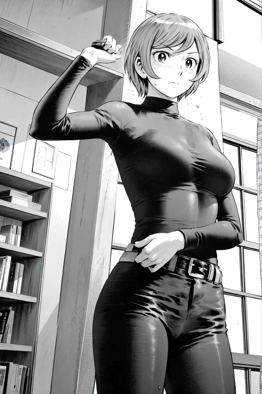 、(masterpiece、Highest quality)、Highest quality, Ultra-high resolution, (((masterpiece))), alone, Sweat、Big eyes,Tight black shirt、Tight white pants、belt、indoor、Composition from the front、（Cut the back hair short、short hair、blonde、woman）、Shortcuts、Embarrassed face、Cut your hair short、可愛いwomanの子、Big Breasts、office