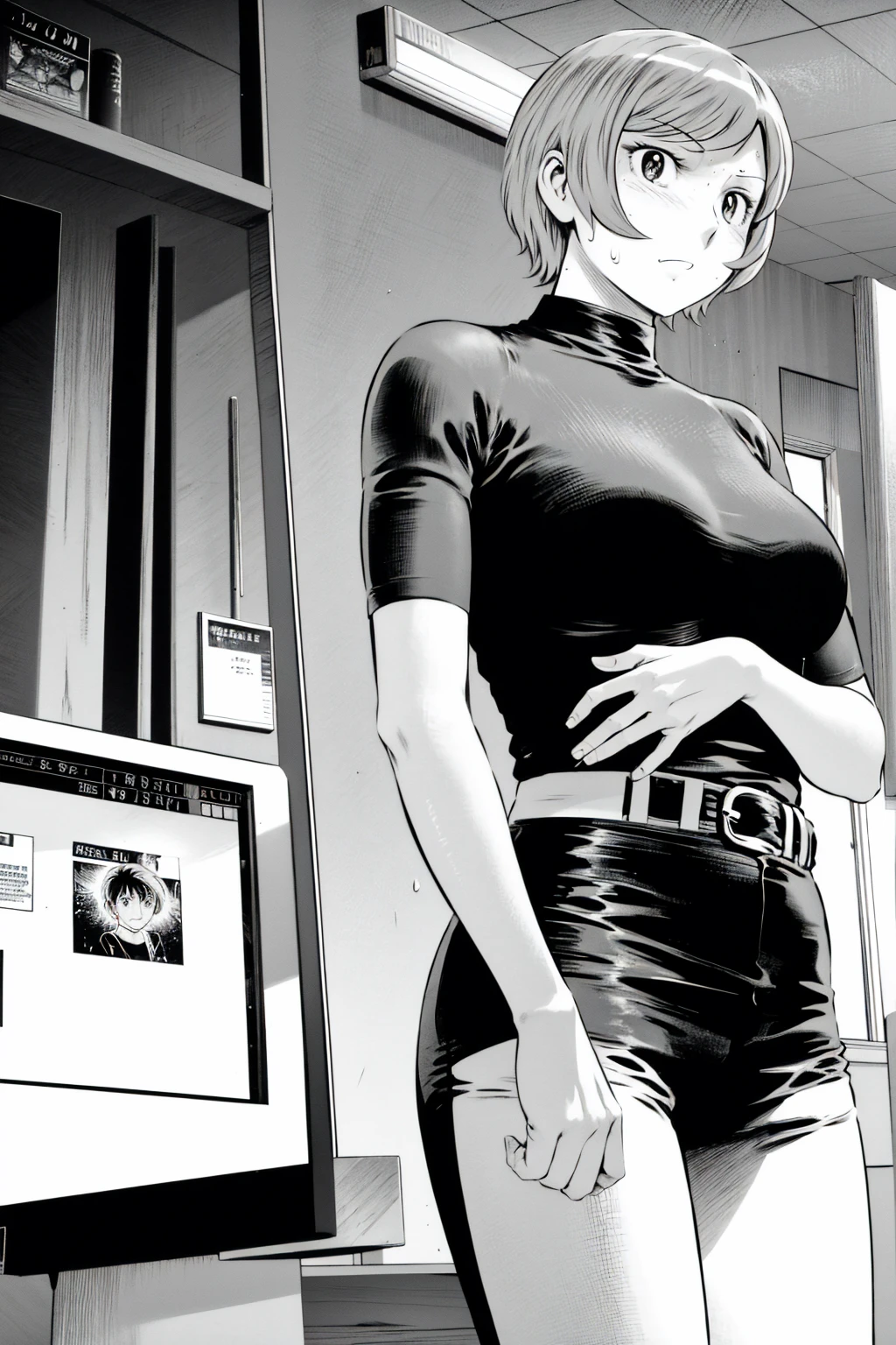 、(masterpiece、Highest quality)、Highest quality, Ultra-high resolution, (((masterpiece))), alone, Sweat、Big eyes,office、Tight white dress shirt、Tight black pants、indoor、Composition from the front、(後ろCut your hair short、short hair、blonde、woman)、Shortcuts、Embarrassed face、Cut your hair short、可愛いwomanの子、Big Breasts、Sit on a chair、Face to face、Composition from the front、View your audience