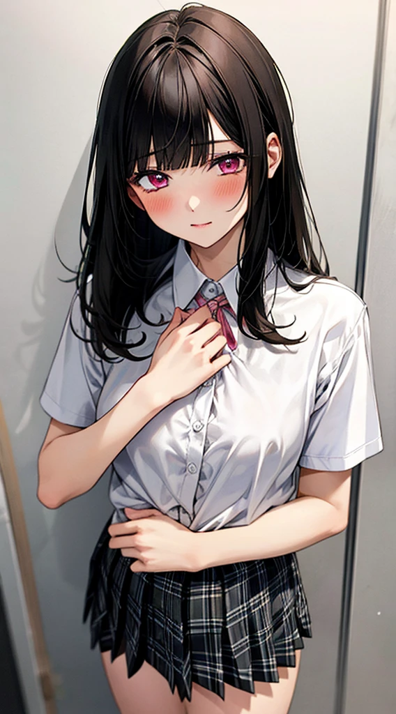 (masterpiece, best quality),
1girl, standing, undressing, hands on chest, cowboy shot,,
BREAK girl, 18yo, (medium breasts:1.1), black hair, (medium hair:1.2), (curly hair:0.9), blunt bangs,
pink eyes, ultra detailed eyes,(tareme:1.1),
half-closed eyes, blush
BREAK (school uniform), (white collared shirt, plain pattern shirt, short sleeves, white sleeves, shirt tucked in:1.2), (red plain pattern neck ribbon, narrow neck ribbon:1.1), (open clothes:1.2),pink bra
BREAK (black and grey plaid pattern skirt:1), (pleated skirt, miniskirt:1.2),
BREAK office,