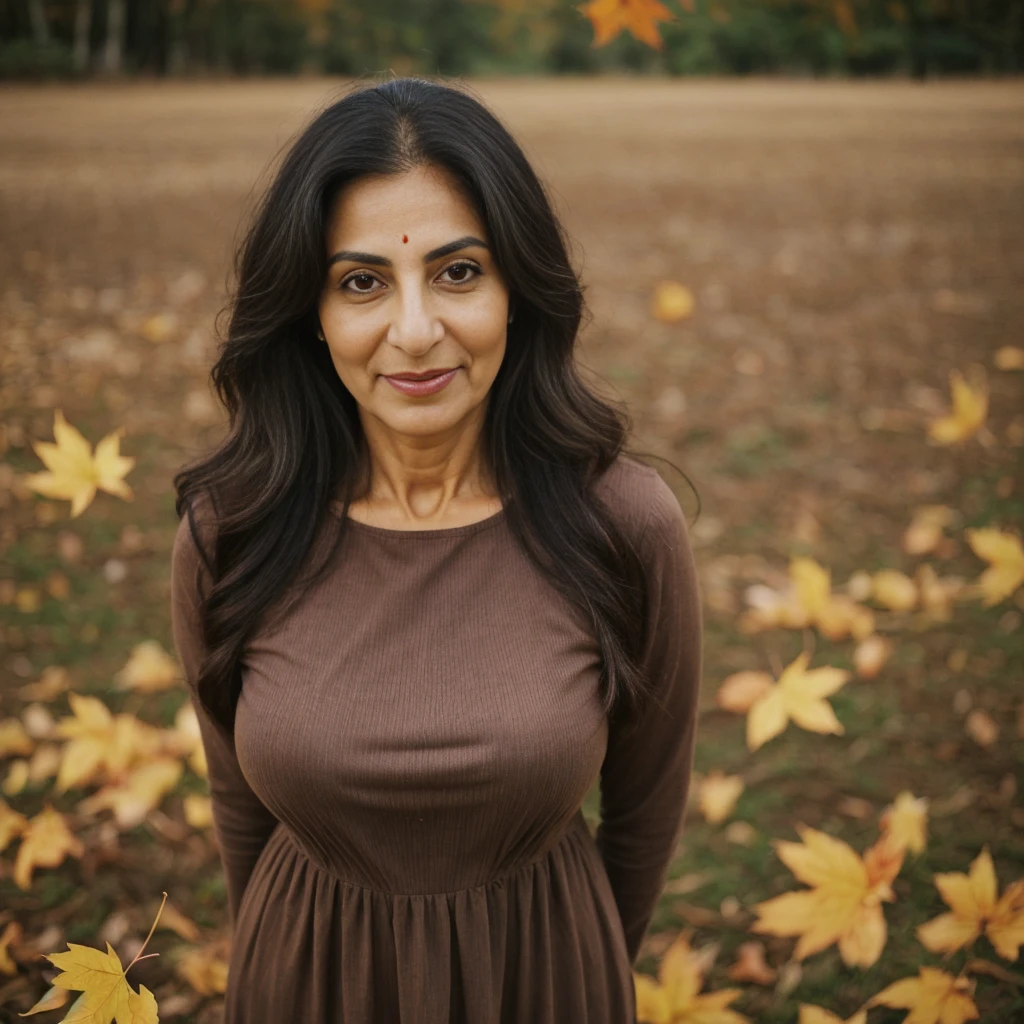 Rayuji, 1girl, ((50-year-old slim Iranian woman)), (((MILF))), ((50 years old)), (((old woman))), grandmother, (((mature woman))), ((body texture of a 50-year-old woman)), ((wrinkles on face)), ((visible eyebags)), cleavage, ((deep brown skin tone)), ((long wavy dark brown hair), ((wearing summer dress outside overlooking the Autumn in Canada)), (((upper body and upper legs))), (((slim))), standing, autumn leaves