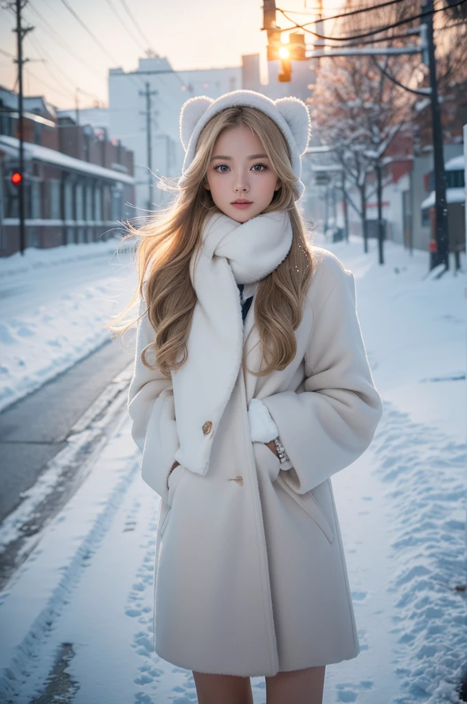 proFessional portrait photograph oF a gorgeous Norwegian girl in winter clothing with long wavy blonde hair, sultry Flirty look, gorgeous symmetrical Face, Cute natural makeup, wearing elegant warm winter Fashion clothing, ((Stand outside the snow-capped city streets)), Stunning modern city environment, Surreal, Concept Art, elegant, Very detailed, complex, sharp Focus, depth oF Field, F/1. 8, 85 mm, Medium shot拍摄, Medium shot, (((proFessionally color graded))), bright soFt diFFused light, (Volumetric fog), Trending topics on Instagram, hdr 4k, 8K