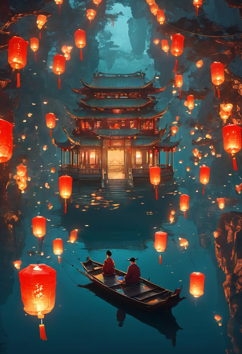 Chinese festival atmosphere,a person sitting on a boat in the water holding lanterns, in the style of futuristic landscapes, guys, gloomy metropolises, Ruan Jia, Grzegorz Domaradzki, oriental-like, cabincore,Beautiful and dreamy,Kongming Lantern Wishing Lantern
