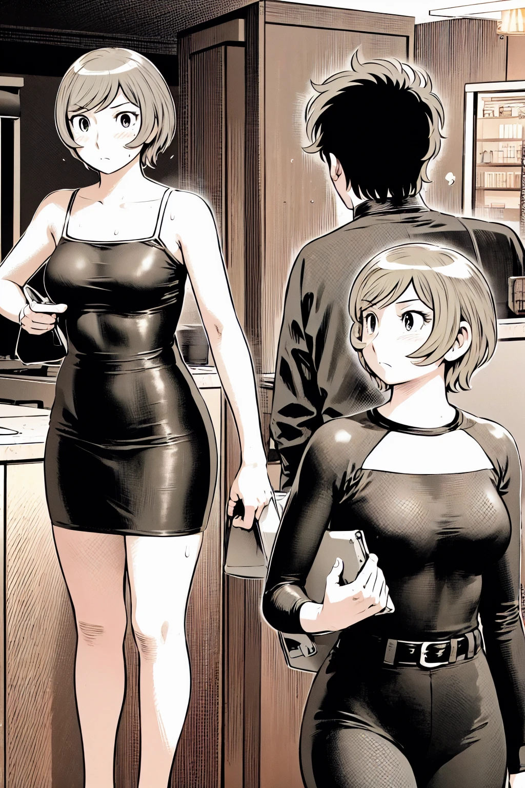 、(masterpiece、Highest quality)、Highest quality, Ultra-high resolution, (((masterpiece))), alone, Sweat、Big eyes,office、tight white dress shirt、Tight black suit、Tight black pants、indoor、Composition from the front、(後ろCut your hair short、short hair、blonde、woman)、Shortcuts、Embarrassed face、Cut your hair short、可愛いwomanの子、Big Breasts