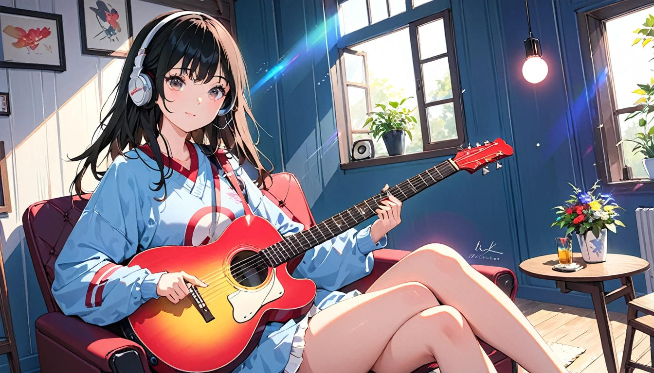 (Absurd:1.1, High resolution:1.1, 超detailed:1.1), 非常にdetailedな, 超detailed hair, (Fine grain:1.4), (Shining Eyes:1.3), thin, cute, Perfectly symmetrical face, narr○w waist, 超cute girl, 超cute face, 超cute, Super beautiful, Beautiful colors, merry (Yanmar gauge),From wlop,((Great quality)), (Beautiful legs), Sitting, smartphone, Upper body rest (Beautiful colors,detailed,Highest quality,Great quality,so beautiful), guitar, Headphones, Jersey, Chair, Lighting and Shadows(perspective), Lighting particles, colorful, masterpiece, Stylish room,