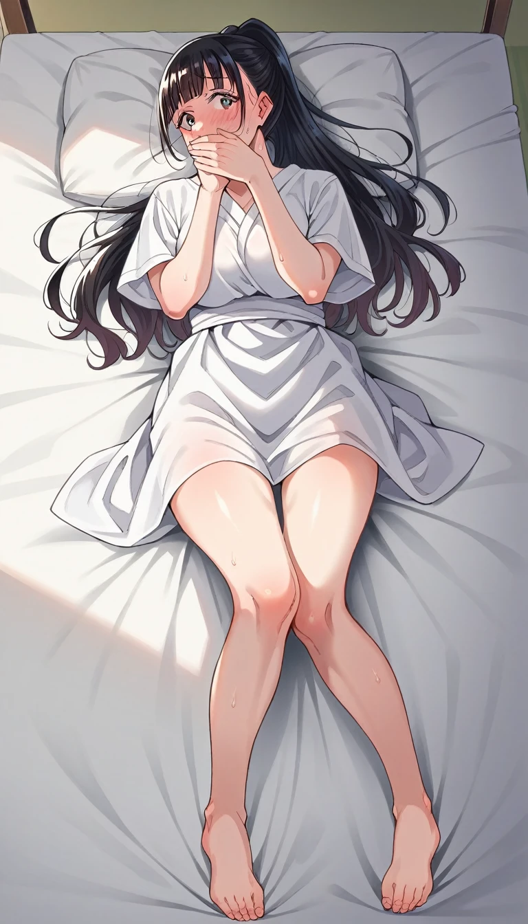 score_9, score_8_up, score_7_up, source_anime,
yuitachibana, yui tachibana, long hair, bangs, ponytail, 
1girl, embarrassed expression, blush, looking to the side, hand covering mouth, (intricate details), colorful, full-body portrait, capture excellent full-body shots, (white bed sheet:1.2), lying on bed, (crotch), (groin), detailed eyes and detailed face, detailed hand, (skindentation), lustrous skin, large breasts, wide hips, anime nose, Sexy kimono, bare shoulders, (Open legs:1.5), Urination, Peeing, Detailed vagina