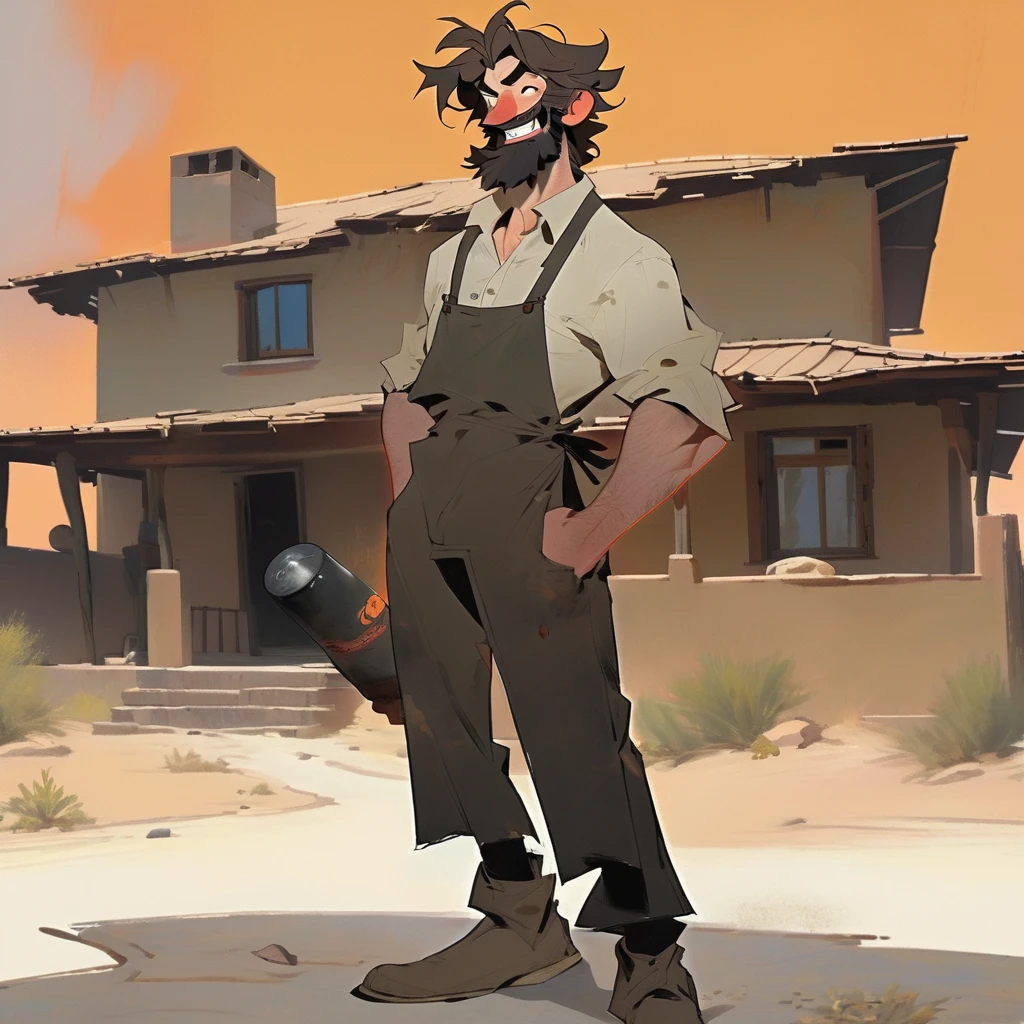 score_9, score_8_up, score_7_up, score_6_up, score_5_up, score_4_up, 1man, Western, black wavy Messy hair, burnt hair, Leather apron, White button-down shirt, black pants patched, Failed beard, young adult, Thin, full body, Holding a Dynamite bomb, outside a house in the desert, Dirty with soot, Laughing, explosives, dynamite, Hunchback, Poorly groomed beard, failed beard
