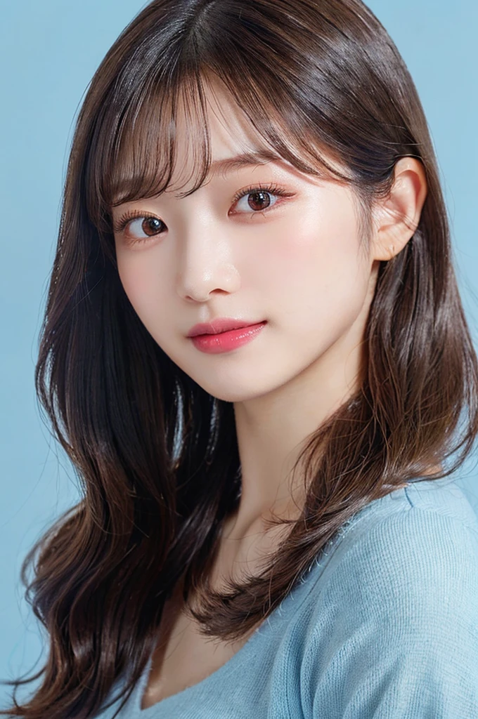 ((big laugh)), high-level image quality、20 year old Korean girl photo, raw, cute face, ((Portrait)), (dull blue background:1.4), ((Detailed face:1.2)), ((A detailed face Characterized by fine skin), pale skin, , (cold color), moist, moist, reflector stay piece) (perfectly proportions)(photos realistic)(Best Quality) photographed in a Canon EOS R5, 50mm Lens,(8K), very long upper eyelashes、Very long lower eyelashes、Detailed lashes、Curled eyelashes、eyelash perm、Beautiful lashes, Glamorous makeup、Natural eyes、Oku Duplex、very beautiful eyelashes,