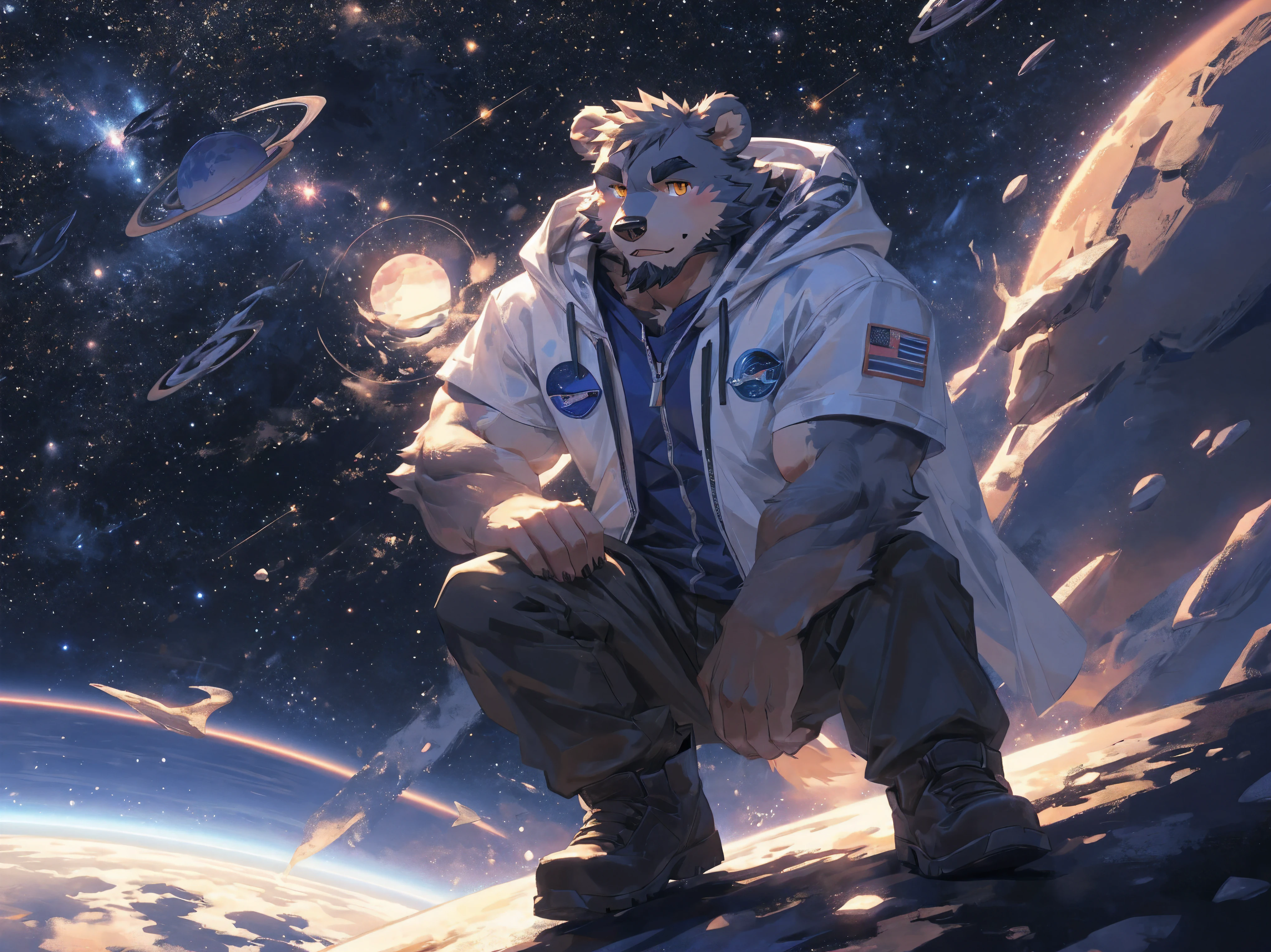 (masterpiece:1.2), best quality,pixiv,official art,perfect anatomy, (Ray tracing, light),solo, (1_male:1.3) , (muscle), (grey fur:1.4), (muscle bear), (beard:1.2), (gleaming golden eyes), bear tail, full body, Thick black eyebrows,(open hooded parka), (naked inside), (cargo pants:1.2), boots , (in the space:1.3) , star , planet , earth , asteroid , (character floating :1.3), clasping round knees