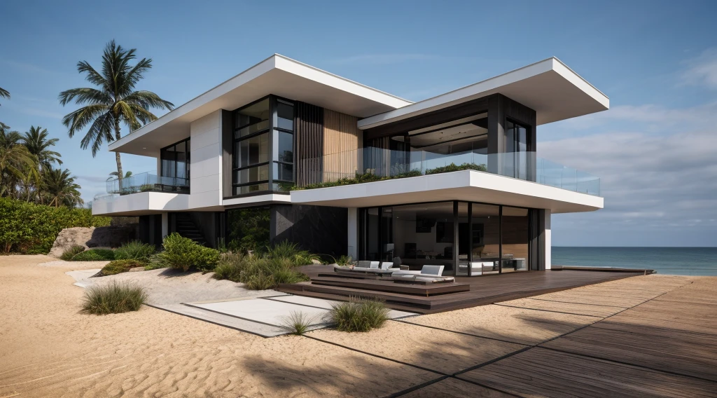 The exterior of modern villa on the beach, masterpiece, photorealistic, best quality, ultra high res, architechture shot, composite construction, piles/stacks, innovative page design,natural light,Vray,
RAW photo, 8k uhd, dslr, soft lighting, high quality, film grain, Fujifilm XT3